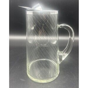 VTG MCM Patterned Glass Pitcher W/ Silver Ice Lip 9.5”